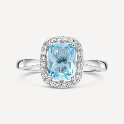 9ct White Gold Cushion Blue Topaz Centre 0.14ct Diamond Frame Polished Band Ring