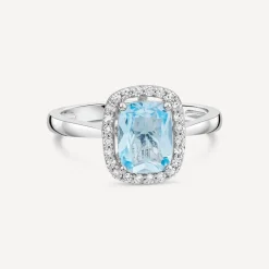 9ct White Gold Cushion Blue Topaz Centre 0.14ct Diamond Frame Polished Band Ring