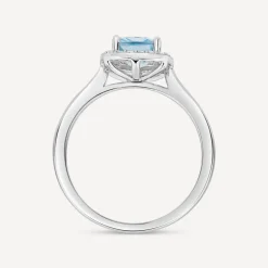 9ct White Gold Cushion Blue Topaz Centre 0.14ct Diamond Frame Polished Band Ring