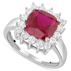 9ct White Gold Cushion Created Ruby And Cubic Zirconia Ring