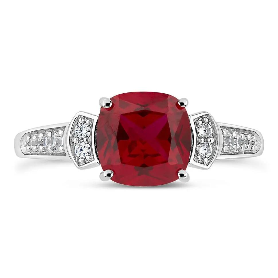 9ct White Gold Cushion Created Ruby With Cubic Zirconia Shoulders & Ladies Ring