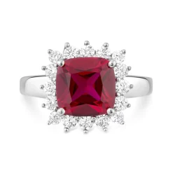 9ct White Gold Cushion Created Ruby And Cubic Zirconia Ring