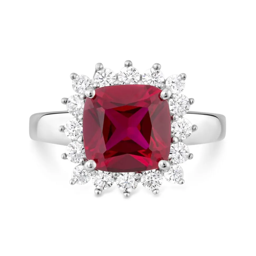 9ct White Gold Cushion Created Ruby And Cubic Zirconia Ring