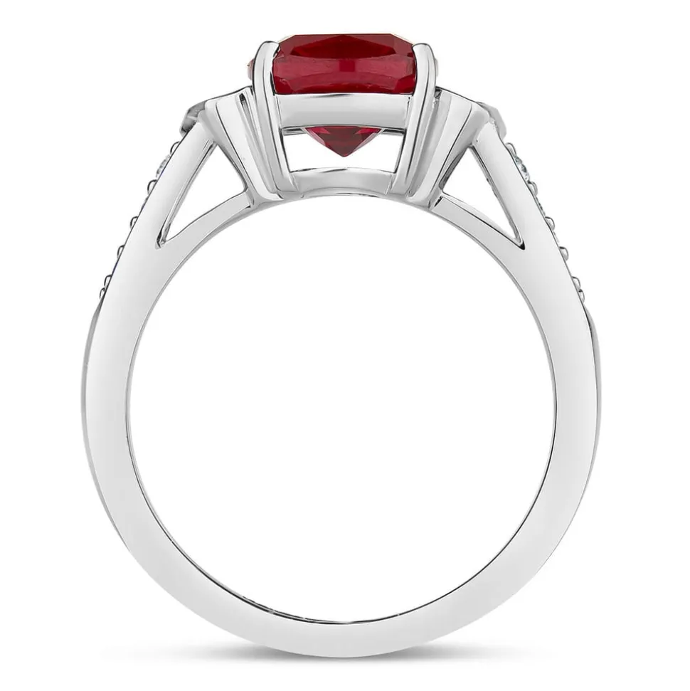 9ct White Gold Cushion Created Ruby With Cubic Zirconia Shoulders & Ladies Ring