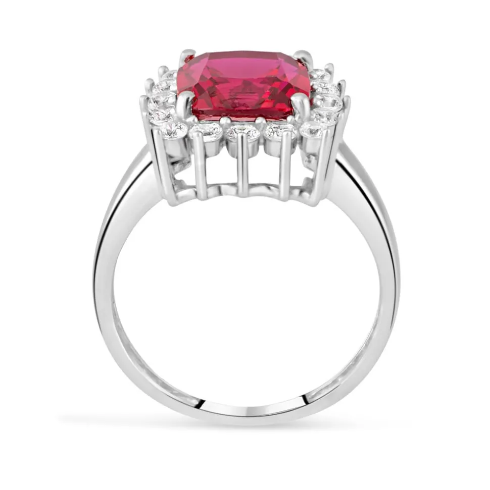 9ct White Gold Cushion Created Ruby And Cubic Zirconia Ring
