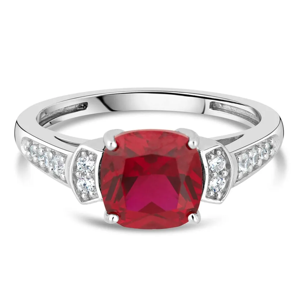 9ct White Gold Cushion Created Ruby With Cubic Zirconia Shoulders & Ladies Ring
