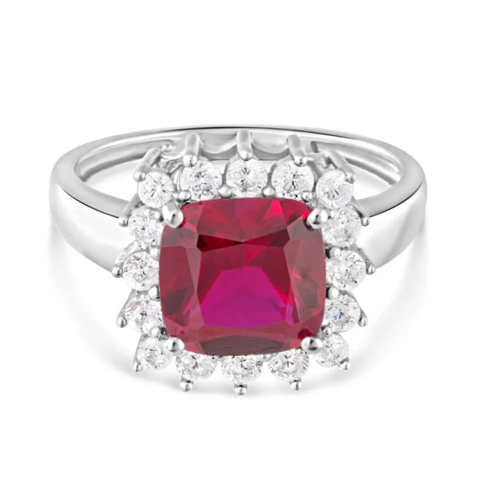9ct White Gold Cushion Created Ruby And Cubic Zirconia Ring