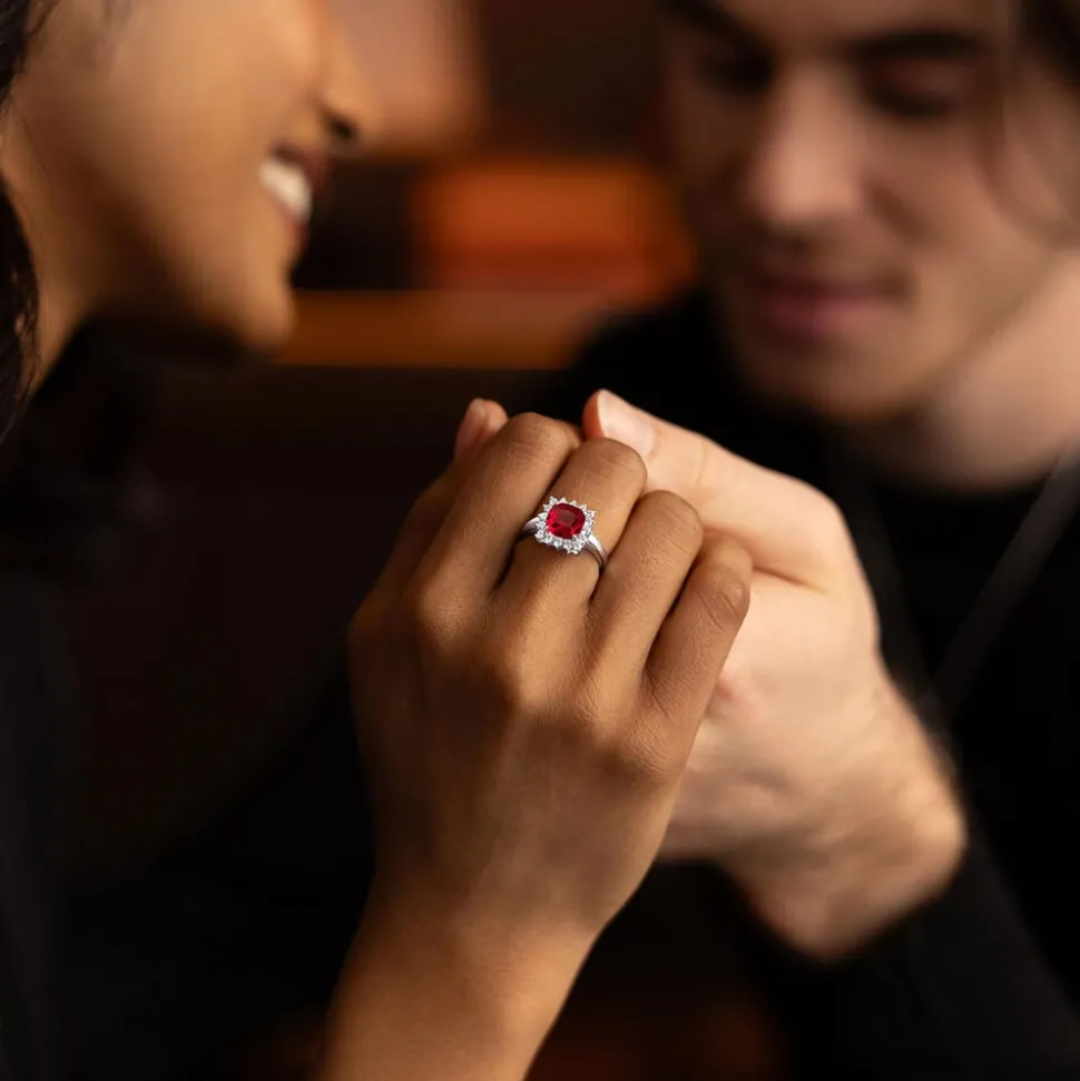 9ct White Gold Cushion Created Ruby And Cubic Zirconia Ring