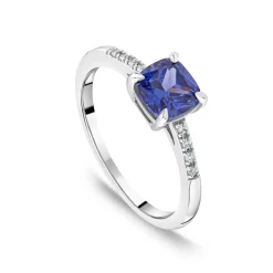 9ct White Gold Cushion Cut Tanzanite Centre & Diamond Set Shoulders Ring