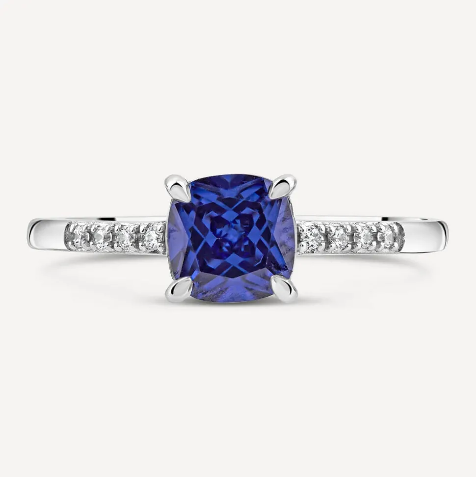 9ct White Gold Cushion Cut Tanzanite Centre & Diamond Set Shoulders Ring