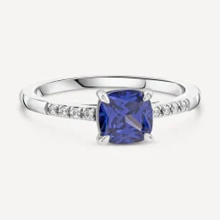 9ct White Gold Cushion Cut Tanzanite Centre & Diamond Set Shoulders Ring