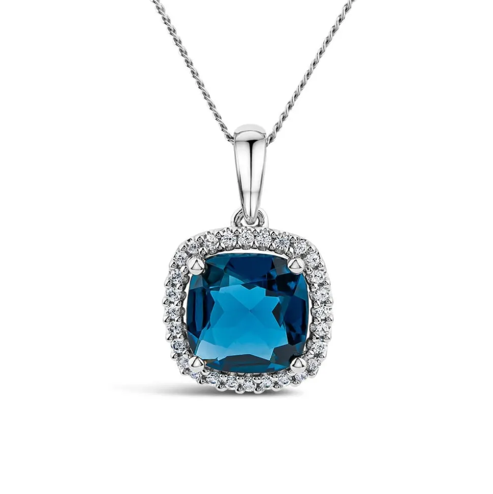 9ct White Gold Cushion London Blue Topaz & 0.10ct Diamond Pendant