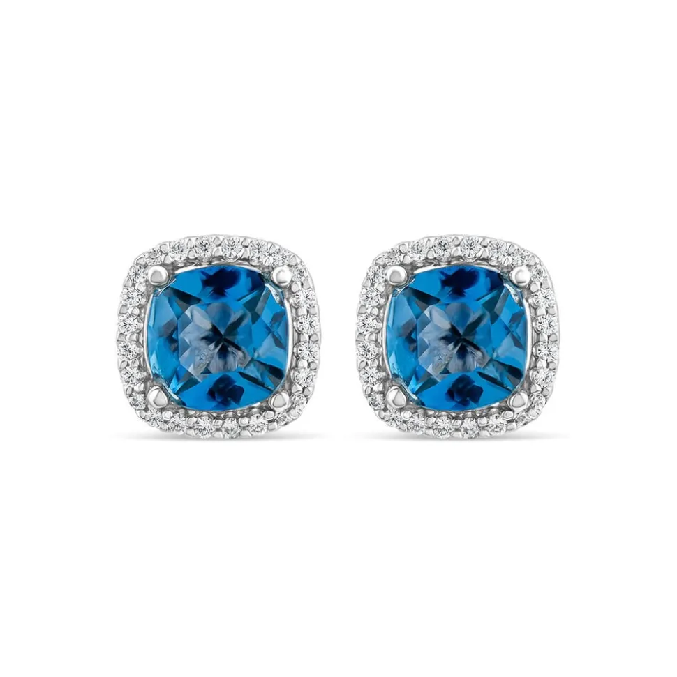 9ct White Gold Cushion London Blue Topaz & 0.15ct Diamond Stud Earrings