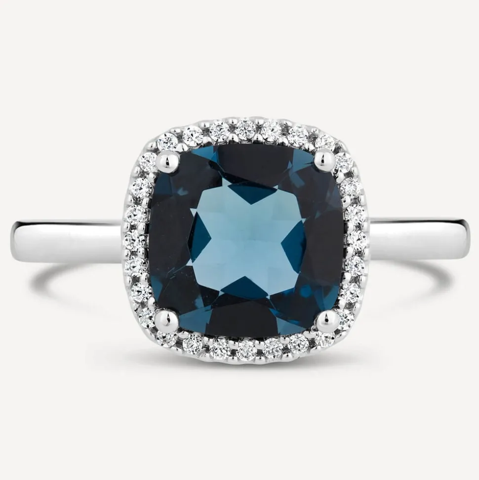 9ct White Gold Cushion London Blue Topaz Diamond Halo Ring
