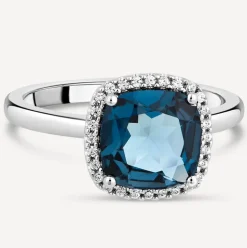 9ct White Gold Cushion London Blue Topaz Diamond Halo Ring
