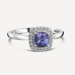 9ct White Gold Cushion Tanzanite & 0.10ct Diamond Halo Ring