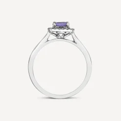 9ct White Gold Cushion Tanzanite & 0.10ct Diamond Halo Ring