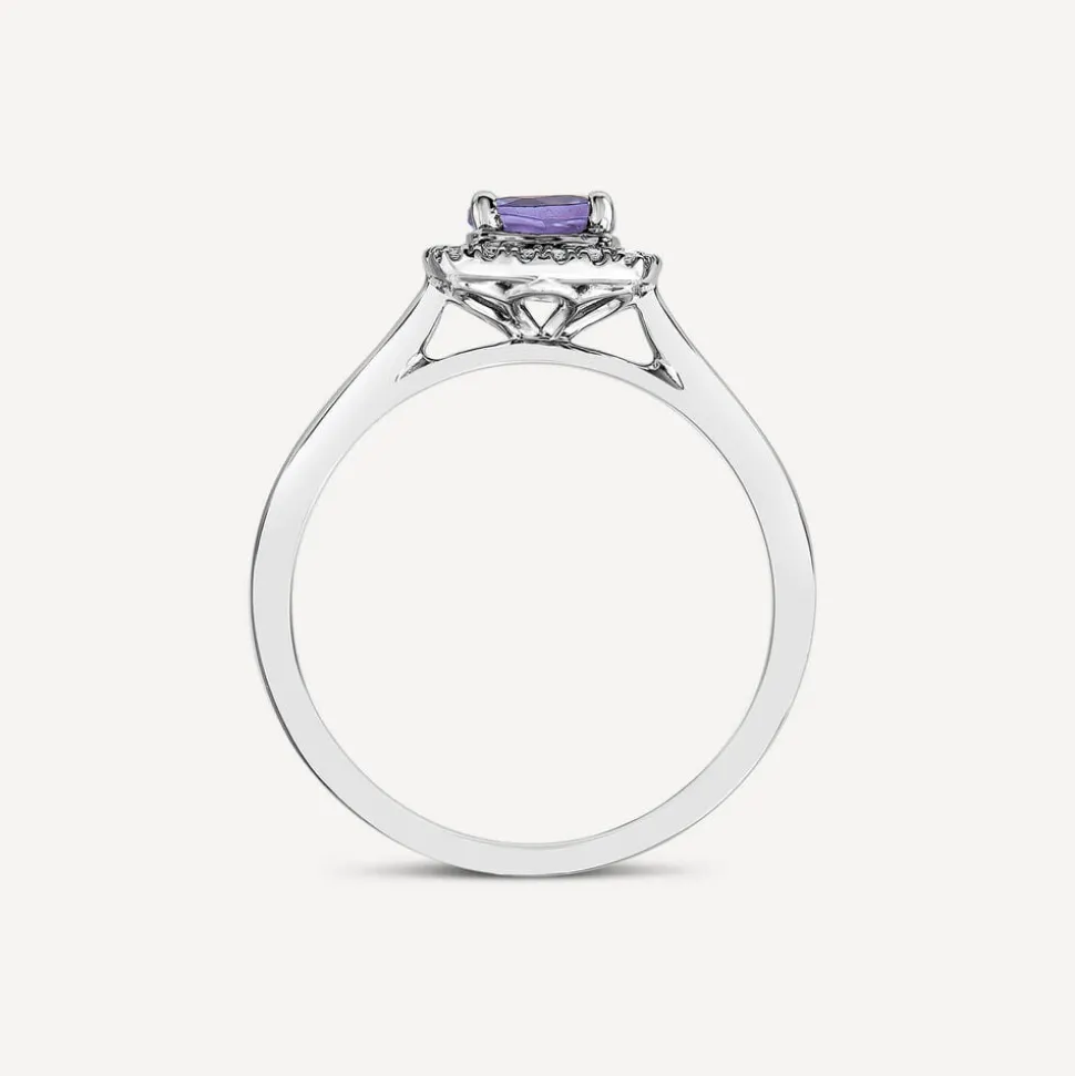 9ct White Gold Cushion Tanzanite & 0.10ct Diamond Halo Ring