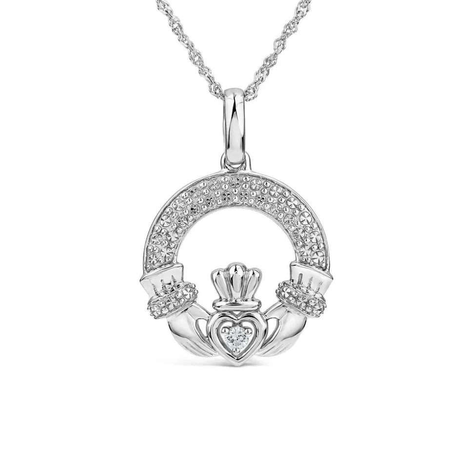 14ct White Gold Diamond Claddagh Pendant
