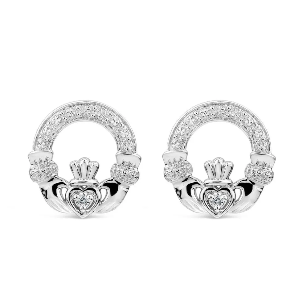 14ct White Gold Diamond Claddagh Stud Earrings