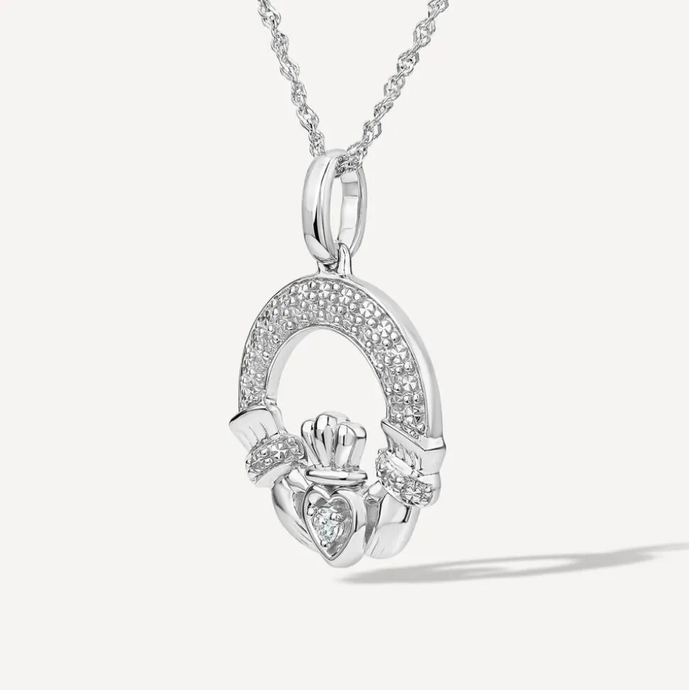14ct White Gold Diamond Claddagh Pendant