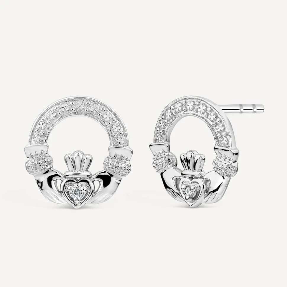 14ct White Gold Diamond Claddagh Stud Earrings