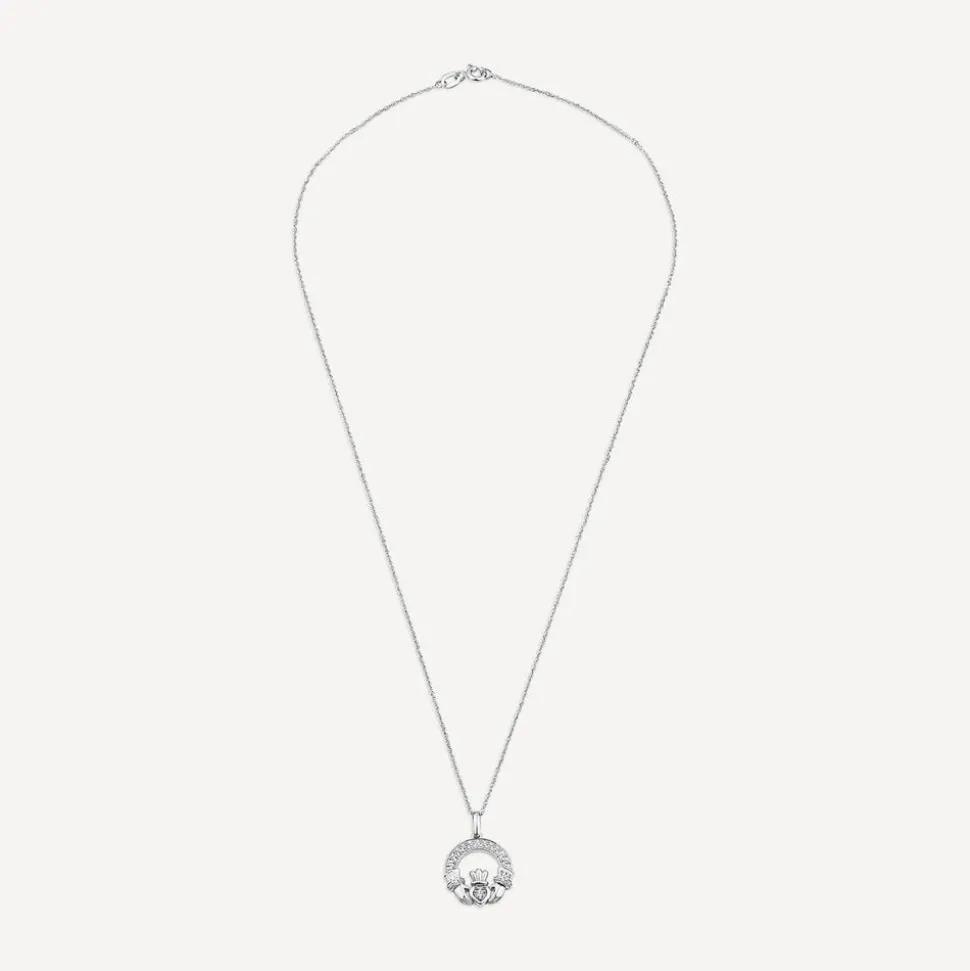 14ct White Gold Diamond Claddagh Pendant