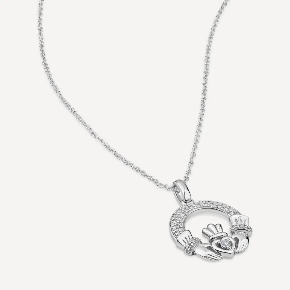 14ct White Gold Diamond Claddagh Pendant