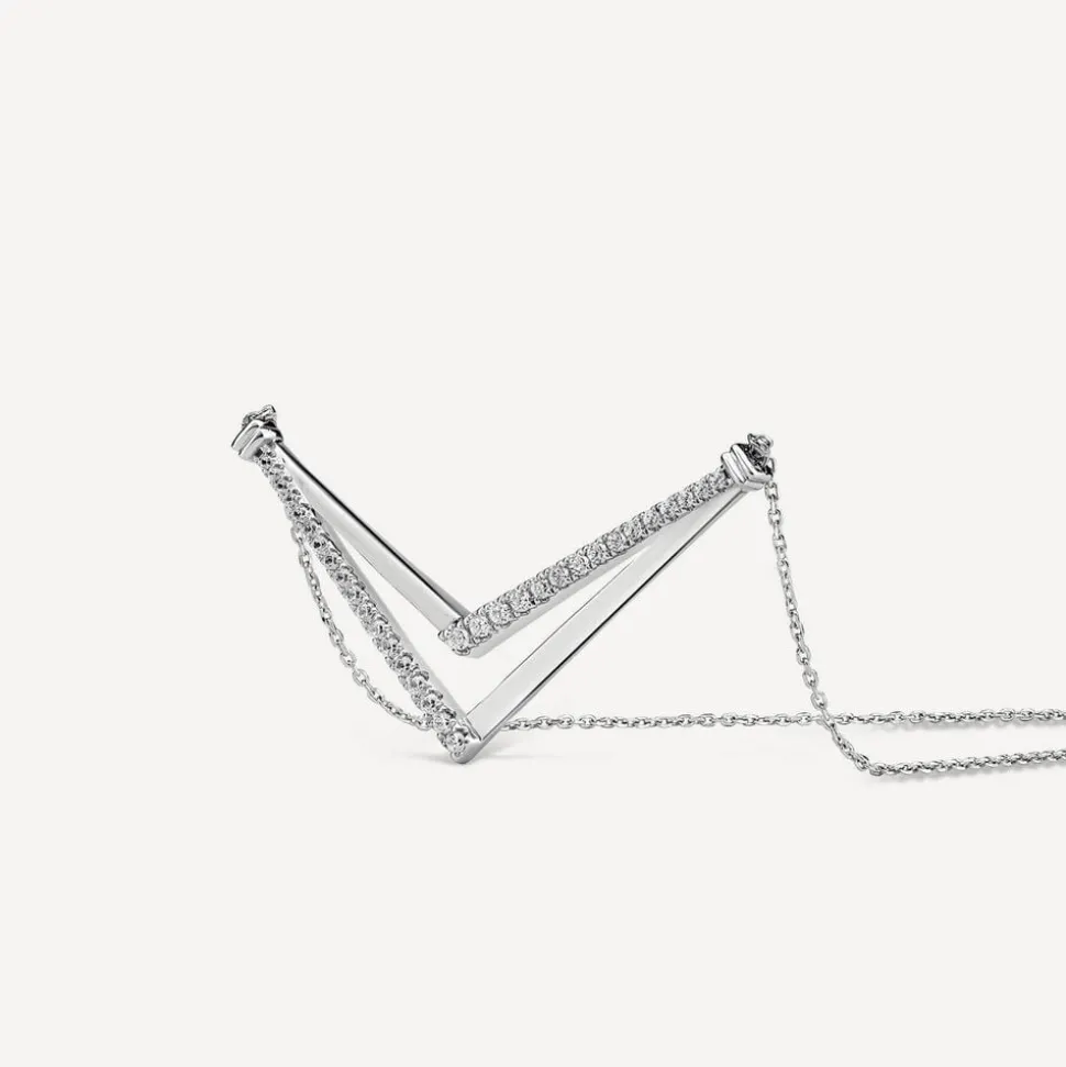 9ct White Gold Diamond Set Double V Necklet