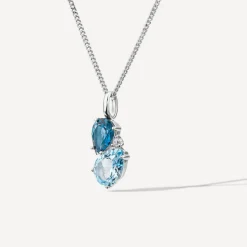 9ct White Gold Double Pear Blue Topaz & 0.01ct Diamond Set Pendant