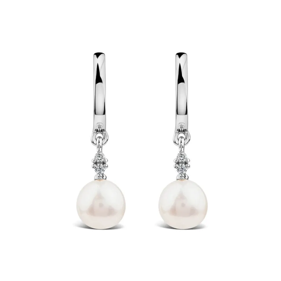 9ct White Gold Freshwater Round Pearl & 0.04ct Diamond Top Drop Earrings