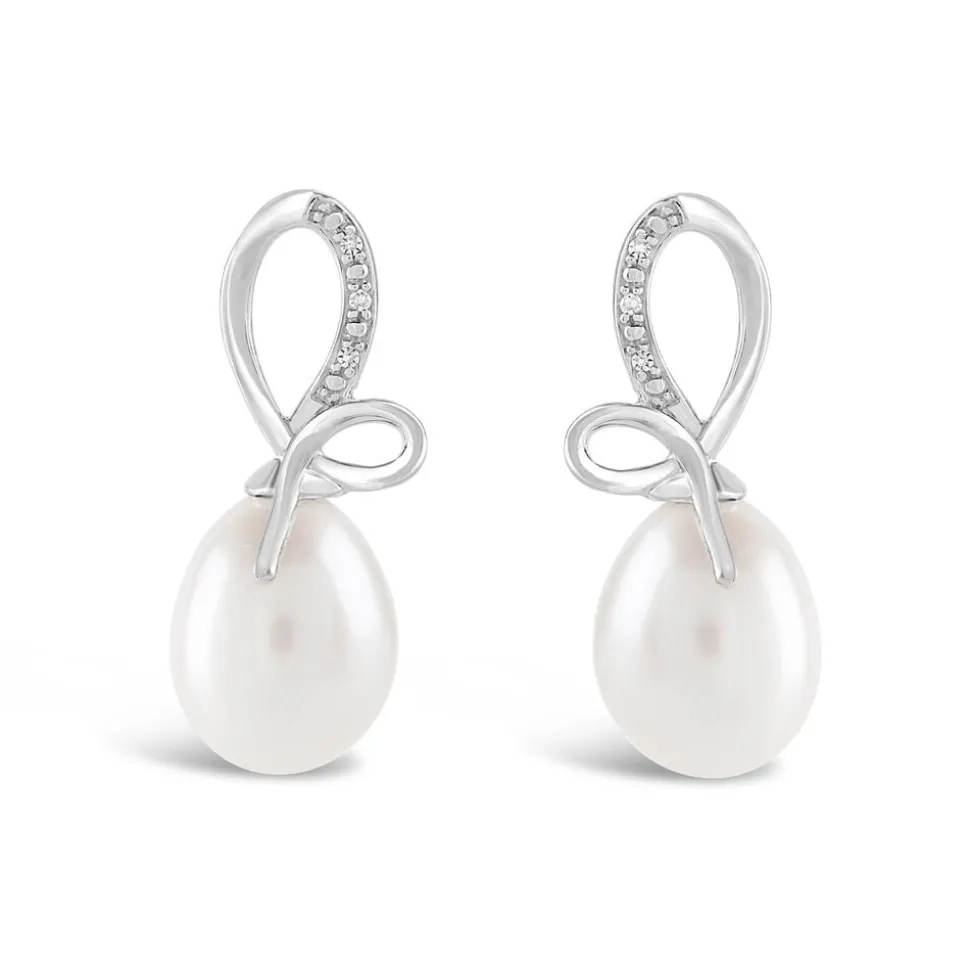 9ct White Gold Freshwater Pearl and 0.01ct Diamond Bow Top Earrings