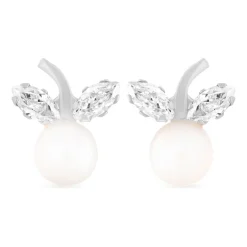 9ct White Gold Freshwater Pearl & Cubic zirconia Flower Stem Earrings