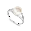 9ct White Gold Freshwater Pearl Cubic Zirconia Set Split Shoulders Ring