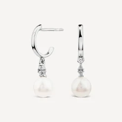 9ct White Gold Freshwater Round Pearl & 0.04ct Diamond Top Drop Earrings