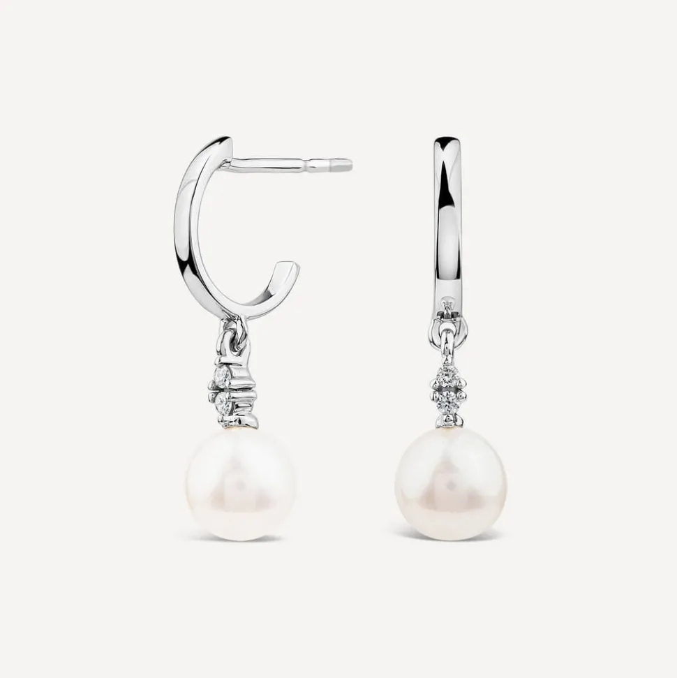 9ct White Gold Freshwater Round Pearl & 0.04ct Diamond Top Drop Earrings