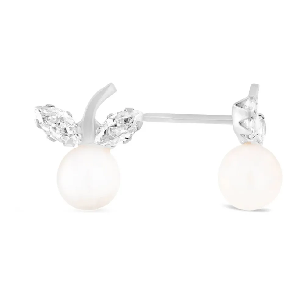 9ct White Gold Freshwater Pearl & Cubic zirconia Flower Stem Earrings