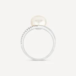 9ct White Gold Freshwater Pearl Cubic Zirconia Set Split Shoulders Ring