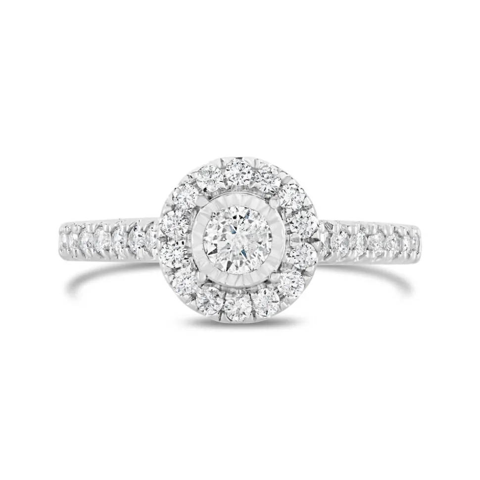 18ct White Gold Illusion Set 0.50ct Diamond Halo and Shoulders Ring