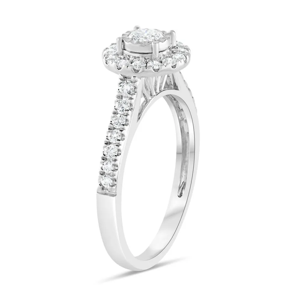 18ct White Gold Illusion Set 0.50ct Diamond Halo and Shoulders Ring