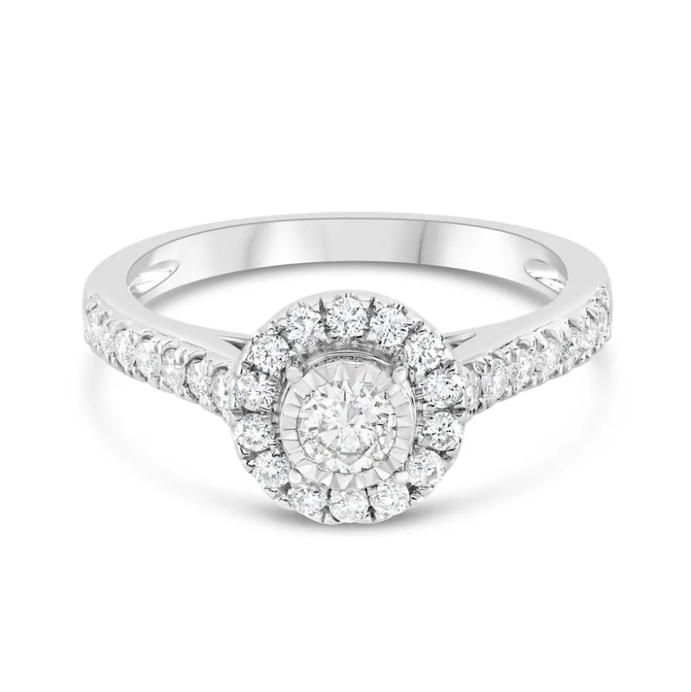 18ct White Gold Illusion Set 0.50ct Diamond Halo and Shoulders Ring
