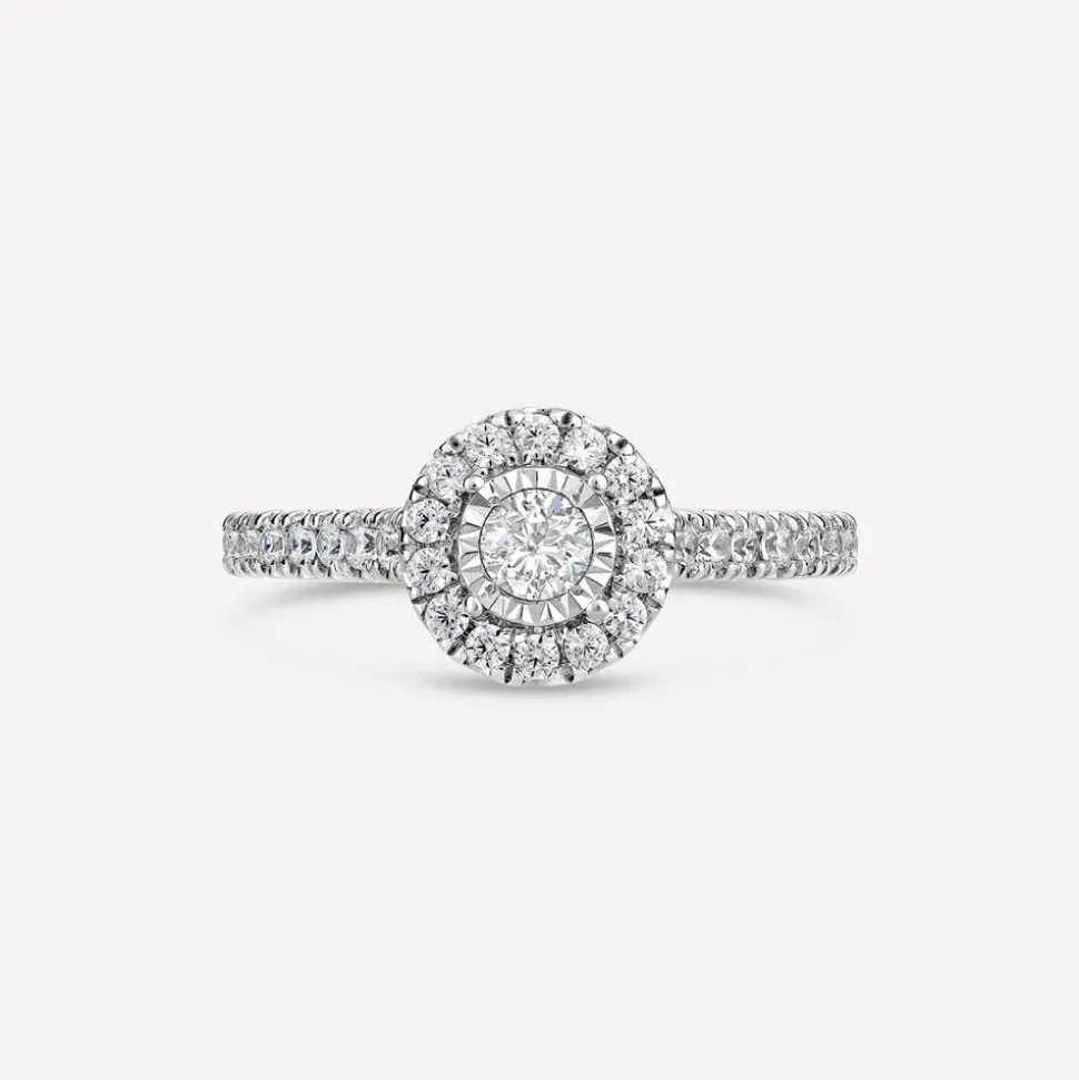 18ct White Gold Illusion Set 0.50ct Diamond Halo and Shoulders Ring