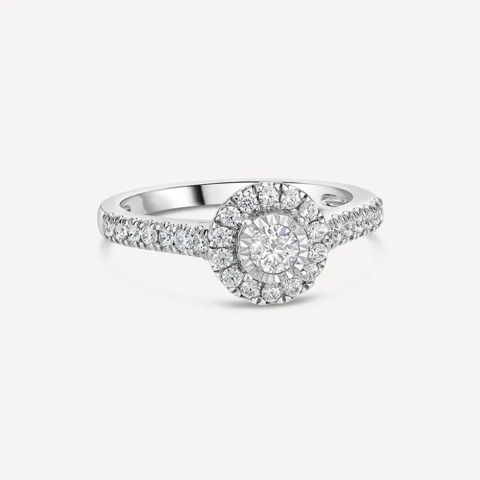 18ct White Gold Illusion Set 0.50ct Diamond Halo and Shoulders Ring