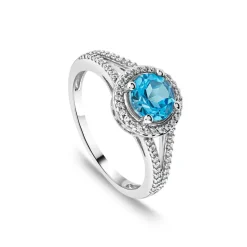 9ct White Gold London Blue Topaz & 0.16ct Round Halo Diamond Split Shoulders Ring