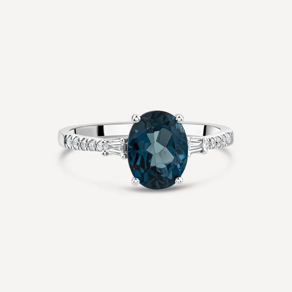 9ct White Gold London Blue Topaz & 0.12ct Tapered Baguette Diamond Sides Ring