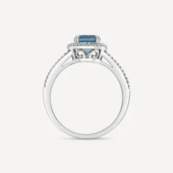 9ct White Gold London Blue Topaz & 0.16ct Round Halo Diamond Split Shoulders Ring