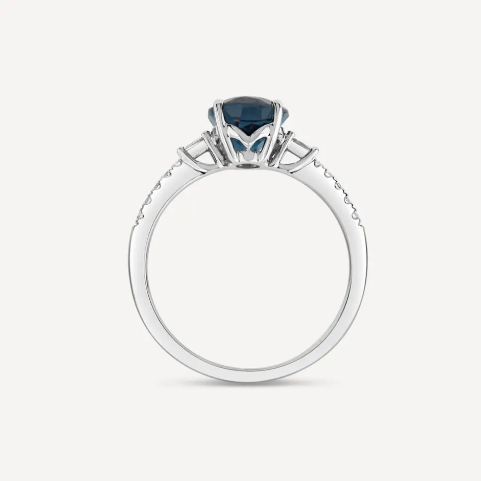 9ct White Gold London Blue Topaz & 0.12ct Tapered Baguette Diamond Sides Ring