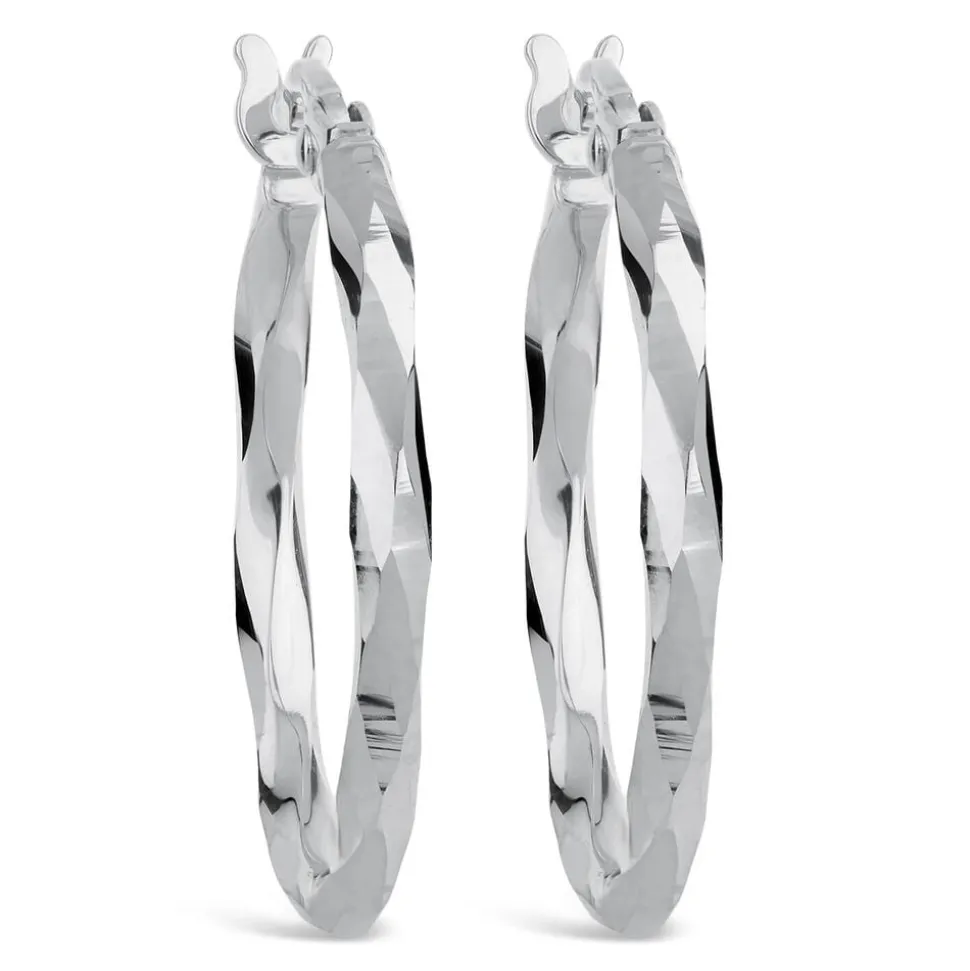 9ct White Gold Mirror Diamond Cut Twist Ladies Hoop Earrings