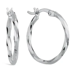 9ct White Gold Mirror Diamond Cut Twist Ladies Hoop Earrings