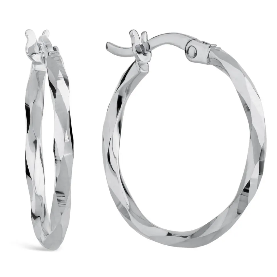 9ct White Gold Mirror Diamond Cut Twist Ladies Hoop Earrings